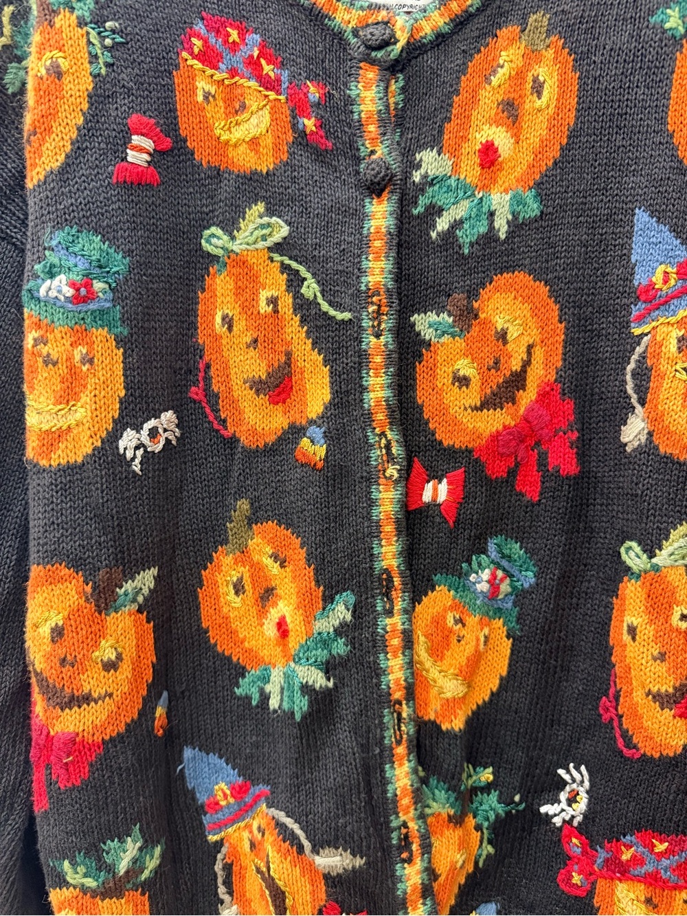 Women’s Vintage Halloween Tiara Cardigan M/L Orange Black Jack o’ Lanterns - Picture 2 of 10